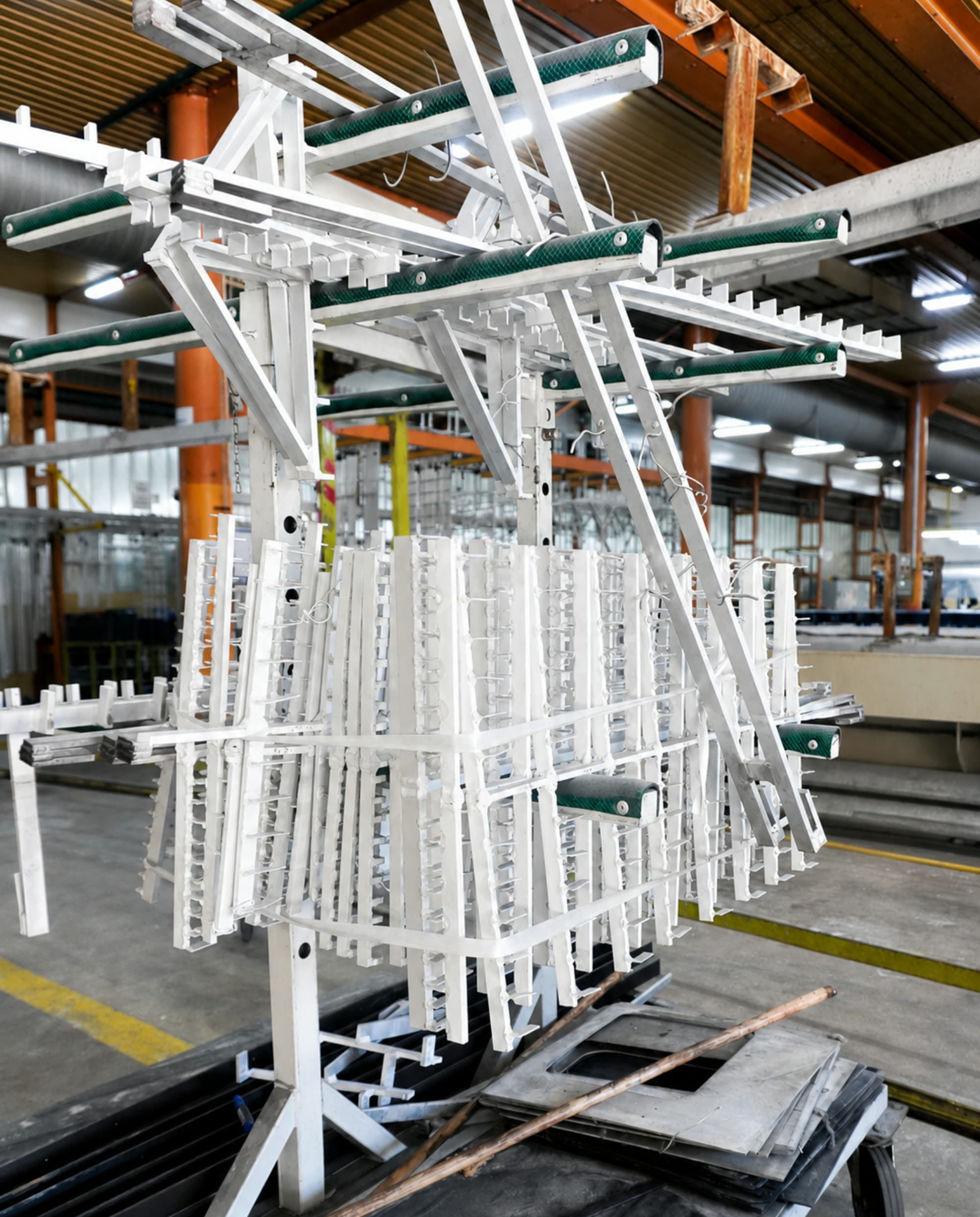 Powder-coated aluminium window frames on a rack after surface treatment