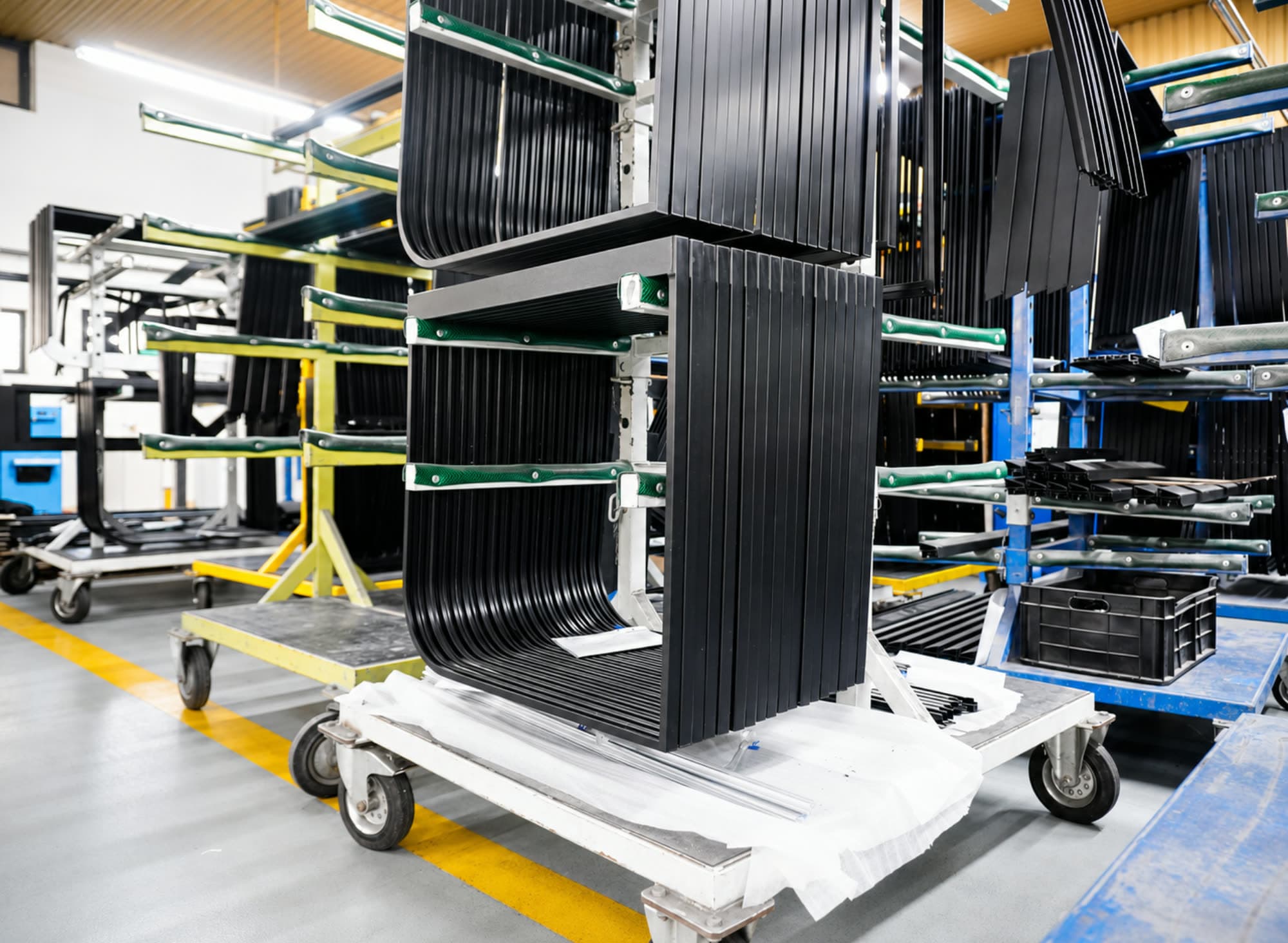 Aluminium window frames on transport racks on the KÖNIG production floor