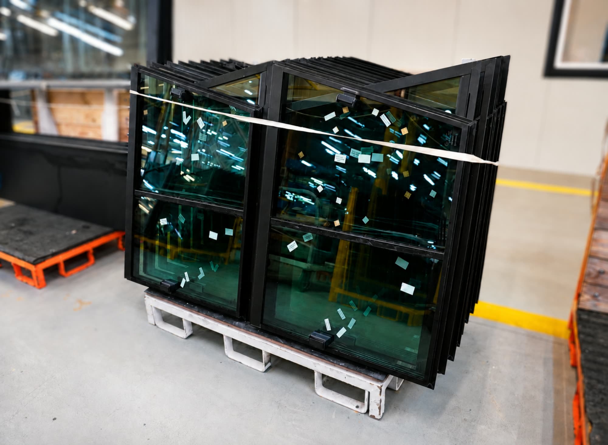 Finished double-glazed KÖNIG window units on a pallet, ready for delivery